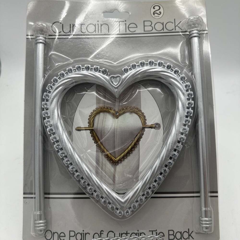 2 Silver Vintage Rhinestone Heart Curtain Tie Backs Drapes NEW